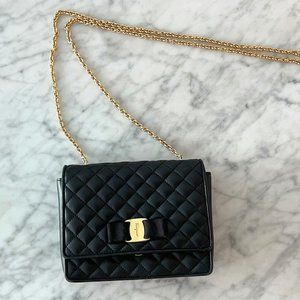 Vintage Ferragamo Quilted Black Leather Bag w/ Chain